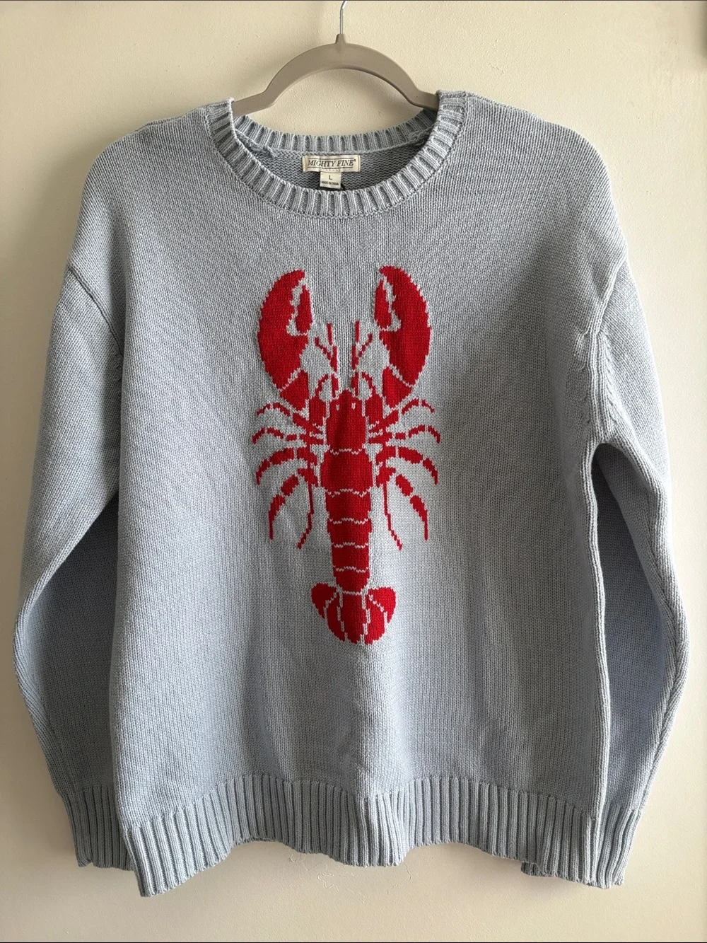 Mighty Fine Light Blue Preppy Beach Crewneck Sweater w/Red Lobster Motif SZ L - Picture 1 of 6